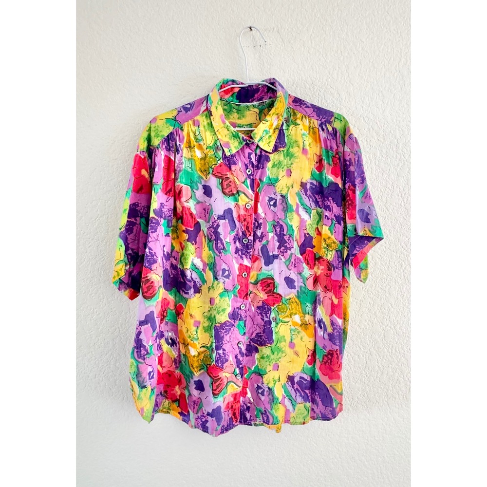 Vintage 80s Button Up Shirt Abstract Floral Multicolor Short Sleeve Blouse XL